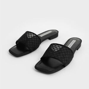 NWOT Charles & Keith Black Mesh and Grosgrain Slide Sandals Size 37